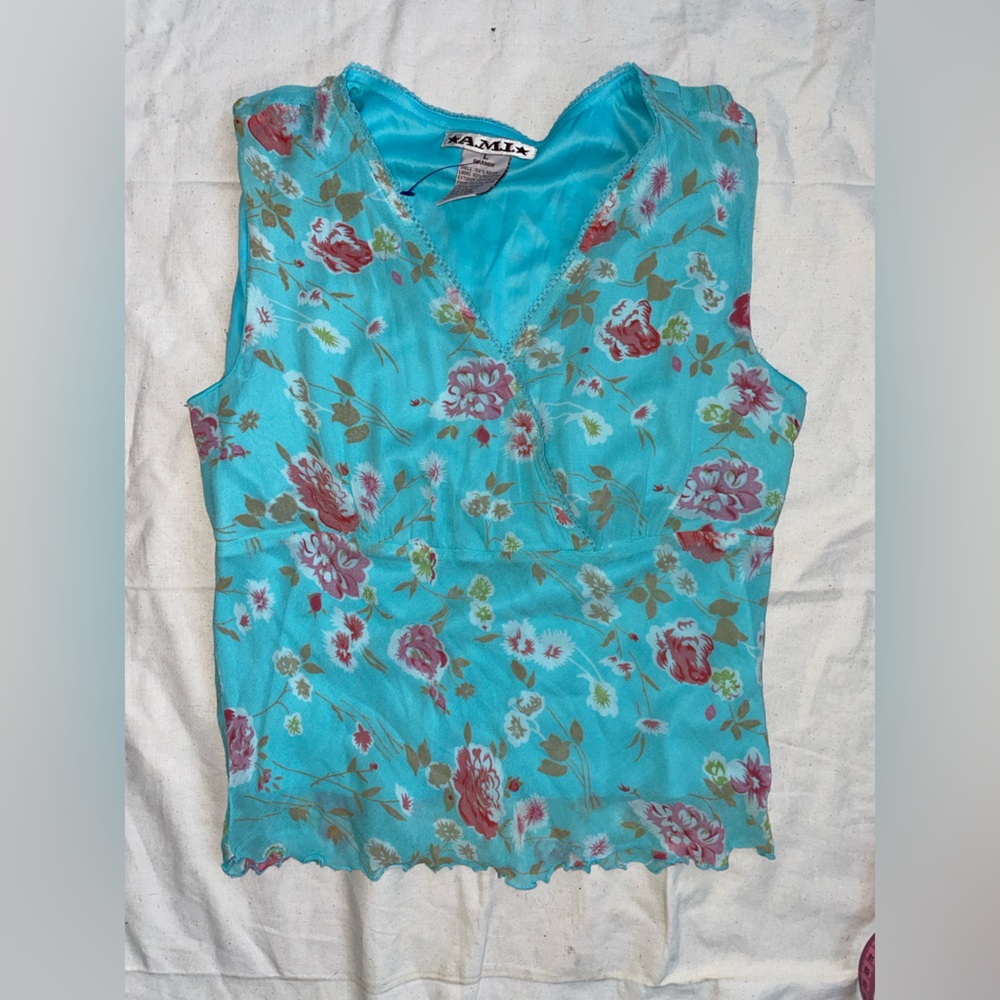 Y2K Blue and Pink Fitted Ruffled Tank Top
